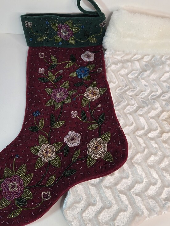Unknown Other - Christmas Stockings Set Glam Burgundy Green Beaded & White Fuzzy Sparkly Large